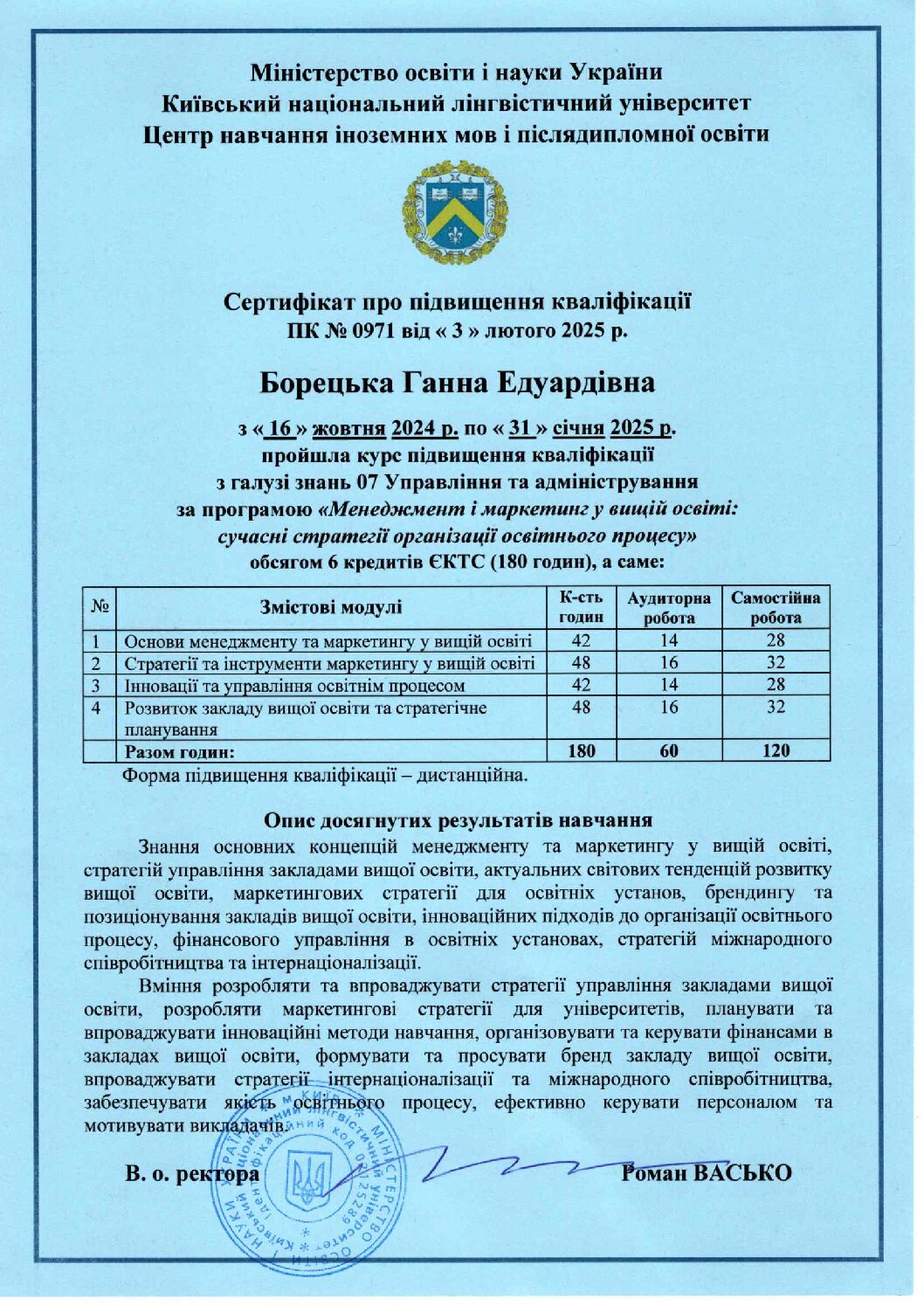 Борецька Г.Е. Сертифікат ПК КНЛУ